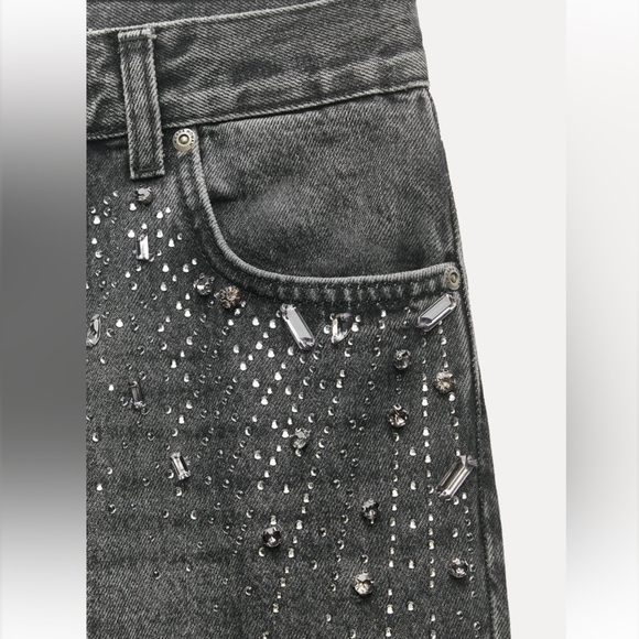 Zara Mid Waist Straight Cut Jewel Jeans - Picture 6 of 8